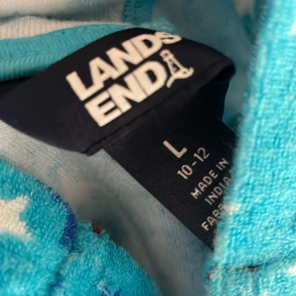 Lands' End Terry Cloth Hooded Star Print Swimsuit Coverup Beach Pool size 10-12